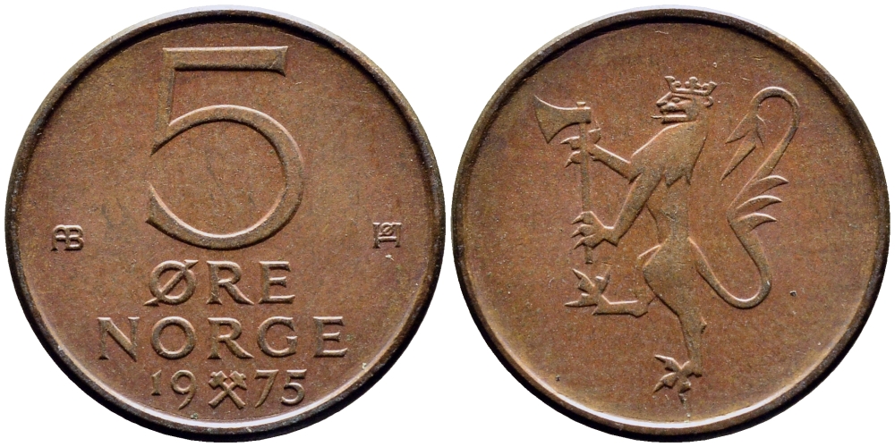 Норвегия 5 эре 1975 Улаф V (1958-1991) KM 415 бронза 4387-817