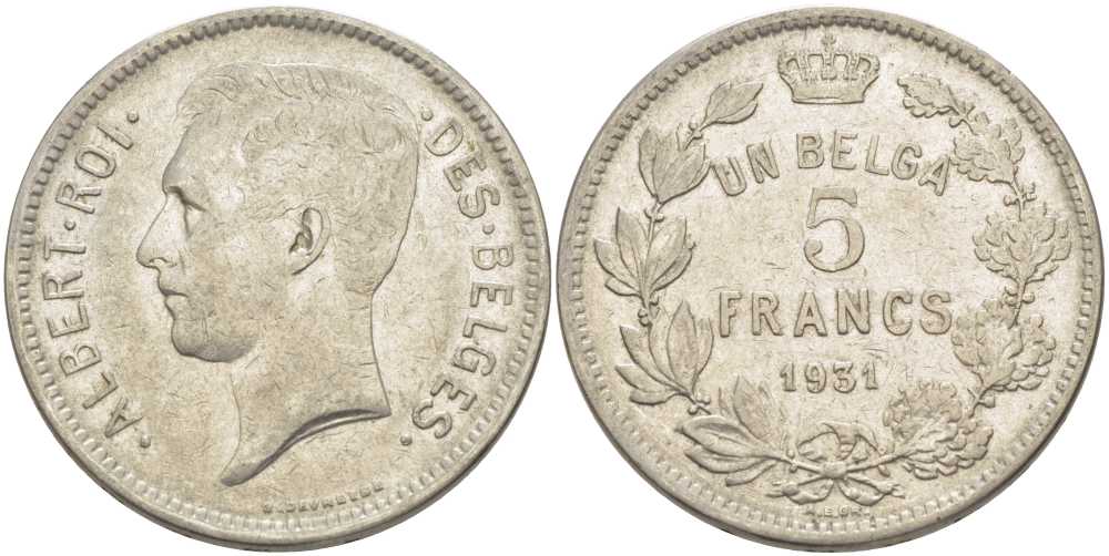 БЕЛЬГИЯ 5 ФРАНКОВ 1931 АЛЬБЕРТ I, DES BELGES KM 97.1 никель 3851-132