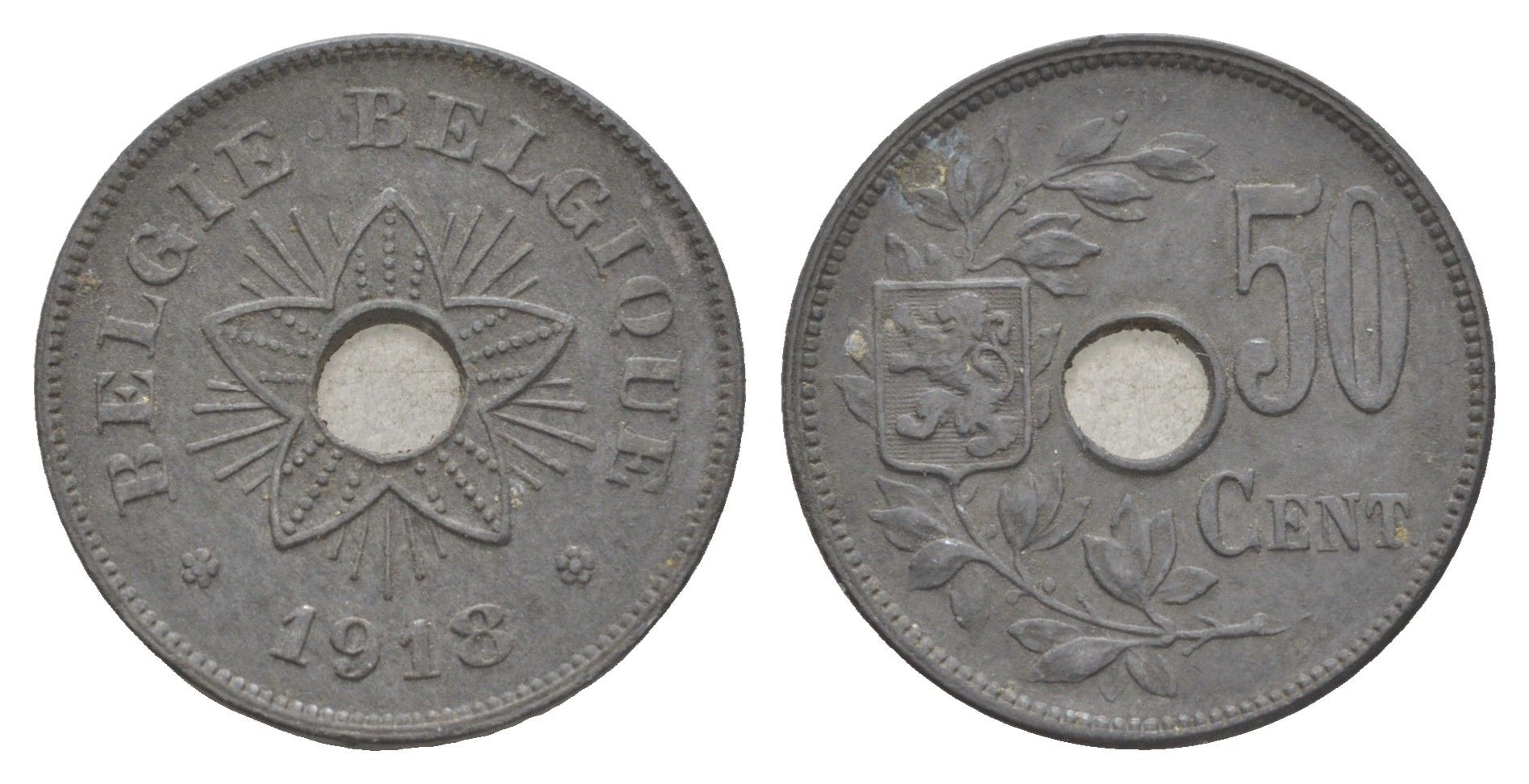 Бельгия 50 сантимов 1918 германская оккупация Первая мировая война, Альберт I (1909-1934) KM 83 цинк 4156-1027