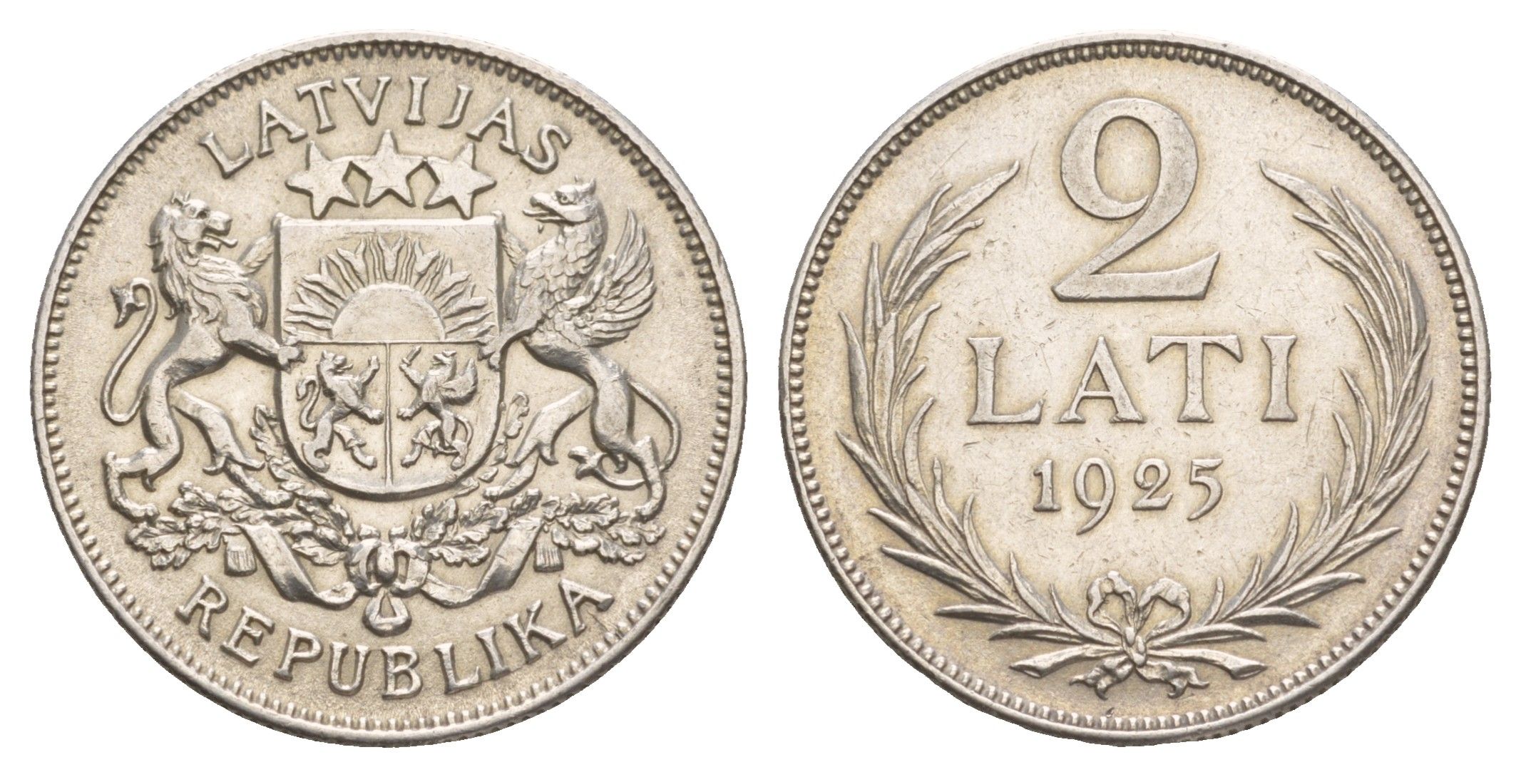 Латвия 2 лата 1925 год-тип KM 8 серебро 4657-817