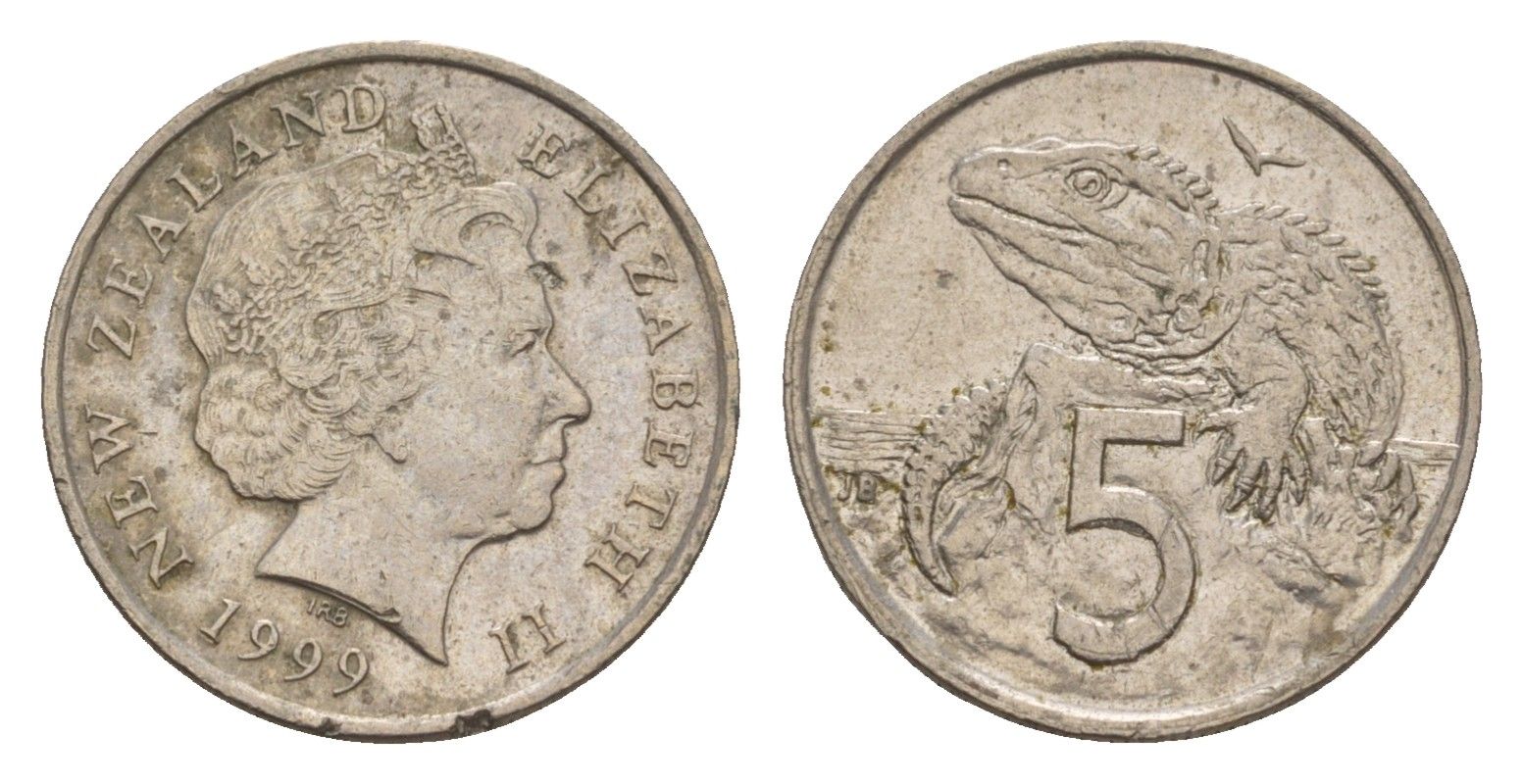 Новая Зеландия 5 центов 1999 Елизавета II (1952-2022), ящерица гаттерия KM 116 медно-никель 4655-1161