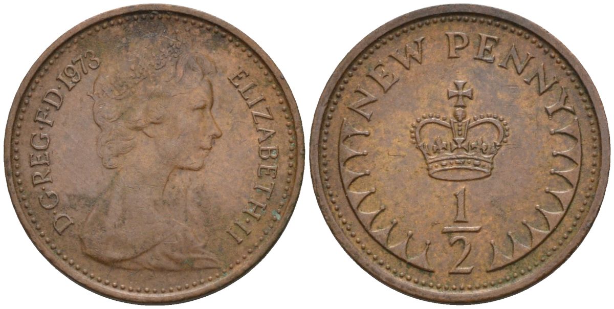 Великобритания 1/2 пенни 1973 Елизавета II (1952-2022) KM 914, Spink 4239 бронза 4115-661