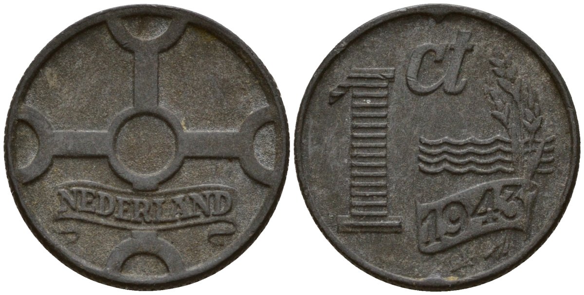 Нидерланды 1 цент 1943 Вильгельмина I (1890-1948), германская оккупация, вторая мировая война KM 170 цинк 4154-925