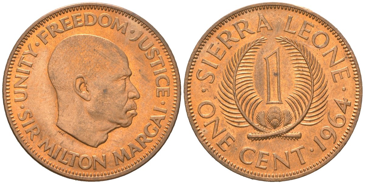 Сьерра-Леоне 1 цент 1964 KM 17 бронза aUNC 4121-1027