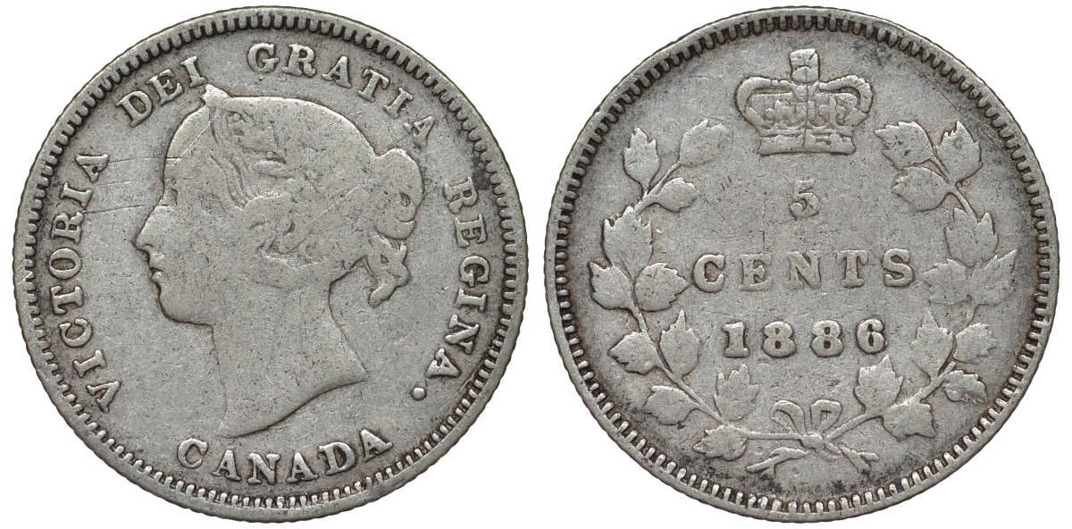 Канада 5 центов 1886 большая 6, Виктория (1837-1901) серебро 4588-1048