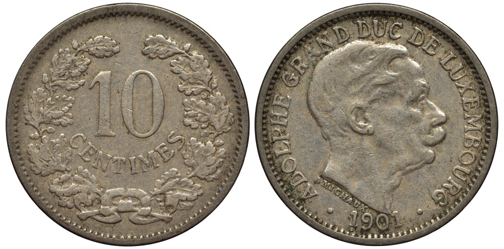 ЛЮКСЕМБУРГ 10 САНТИМОВ 1901 ВЕЛИКИЙ ГЕРЦОГ АДОЛЬФ (1890-1905) КМ 25 медно-никель 4538-723