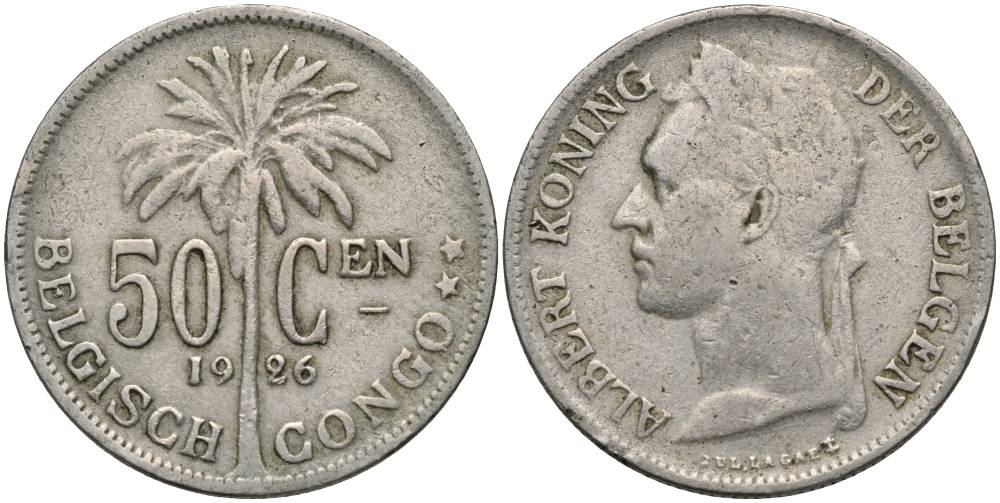 Бельгийское Конго 50 сантимов 1926 пальма KM 22 медно-никель 27-1137