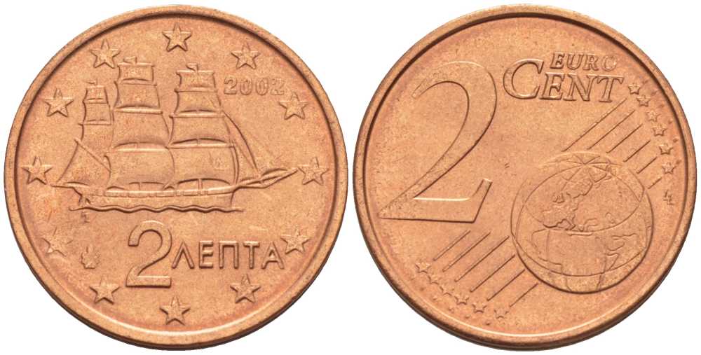 ГРЕЦИЯ 2 ЕВРОЦЕНТА 2002 KM 182 сталь плакированная медью UNC 214-346