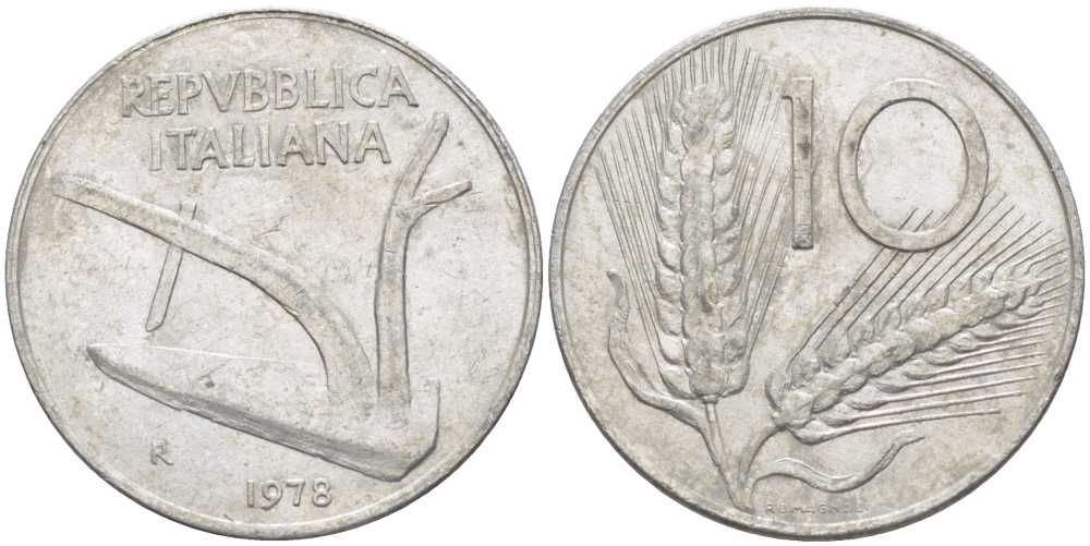 ИТАЛИЯ 10 ЛИР 1978 R, ПЛУГ, КОЛОСЬЯ KM 93 алюминий 175-427