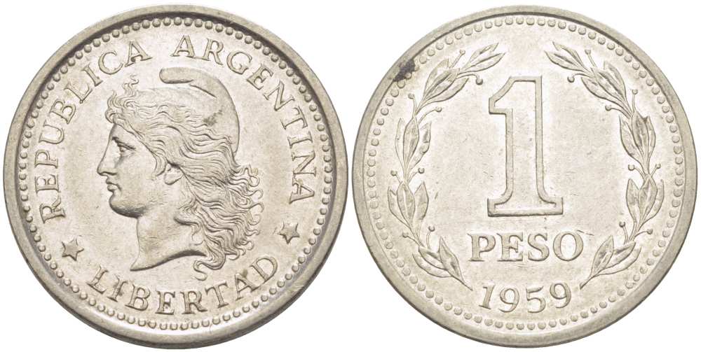 Аргентина 1 песо 1959 голова свободы влево KM 57 сталь плакированная никелем 4514-933