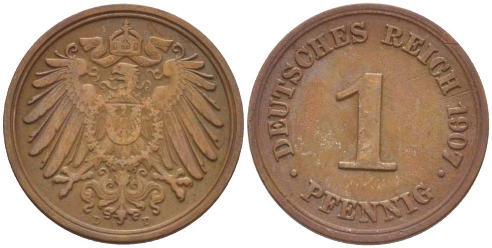 ГЕРМАНИЯ 1 ПФЕННИГ 1907 D KM 10, J. 10, Weege 2 медь 211-359