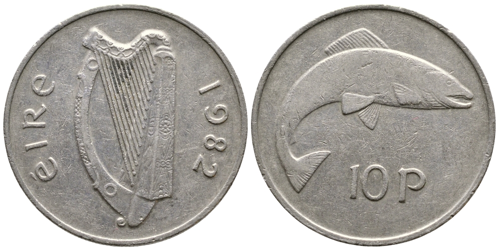 ИРЛАНДИЯ 10 ПЕНСОВ 1982 ЛОСОСЬ KM 23 медно-никель 4110-446