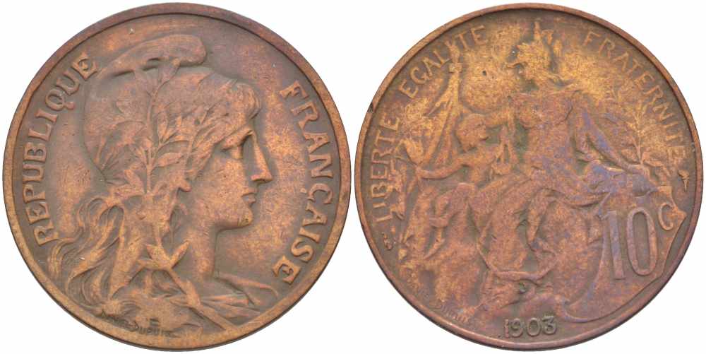 ФРАНЦИЯ 10 САНТИМОВ 1903 ТИП ДАНИЭЛЬ ДЮПЮИ KM 843, LA FRANC 136.13 бронза 109-213