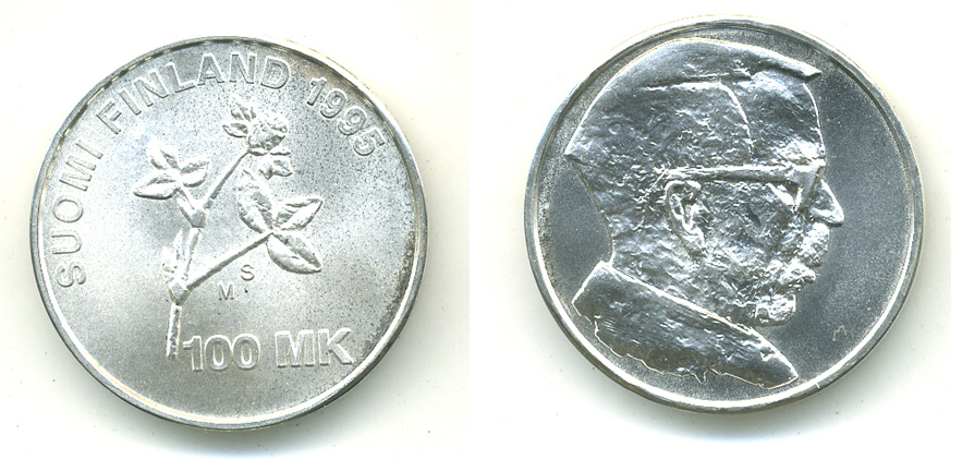 Финляндия 100 марок 1995 100 лет со дня рождения Арттури Виртанен, биохимик KM 80 серебро UNC 01-149-32