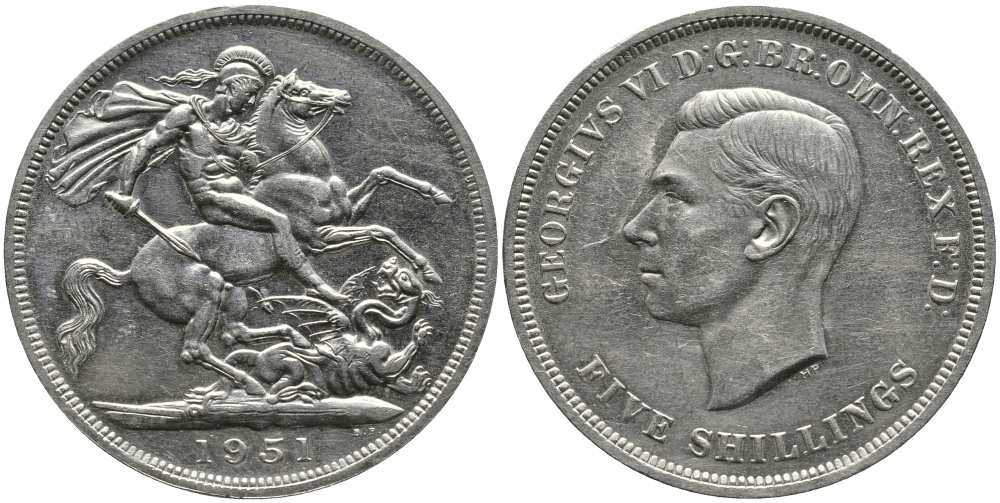 Великобритания 5 шиллингов = 1 крона 1951 Георг VI (1936-1952), фестиваль Британии, Георгий Победоносец KM 880, Spink 4111 медно-никель Prooflike 1518-1011