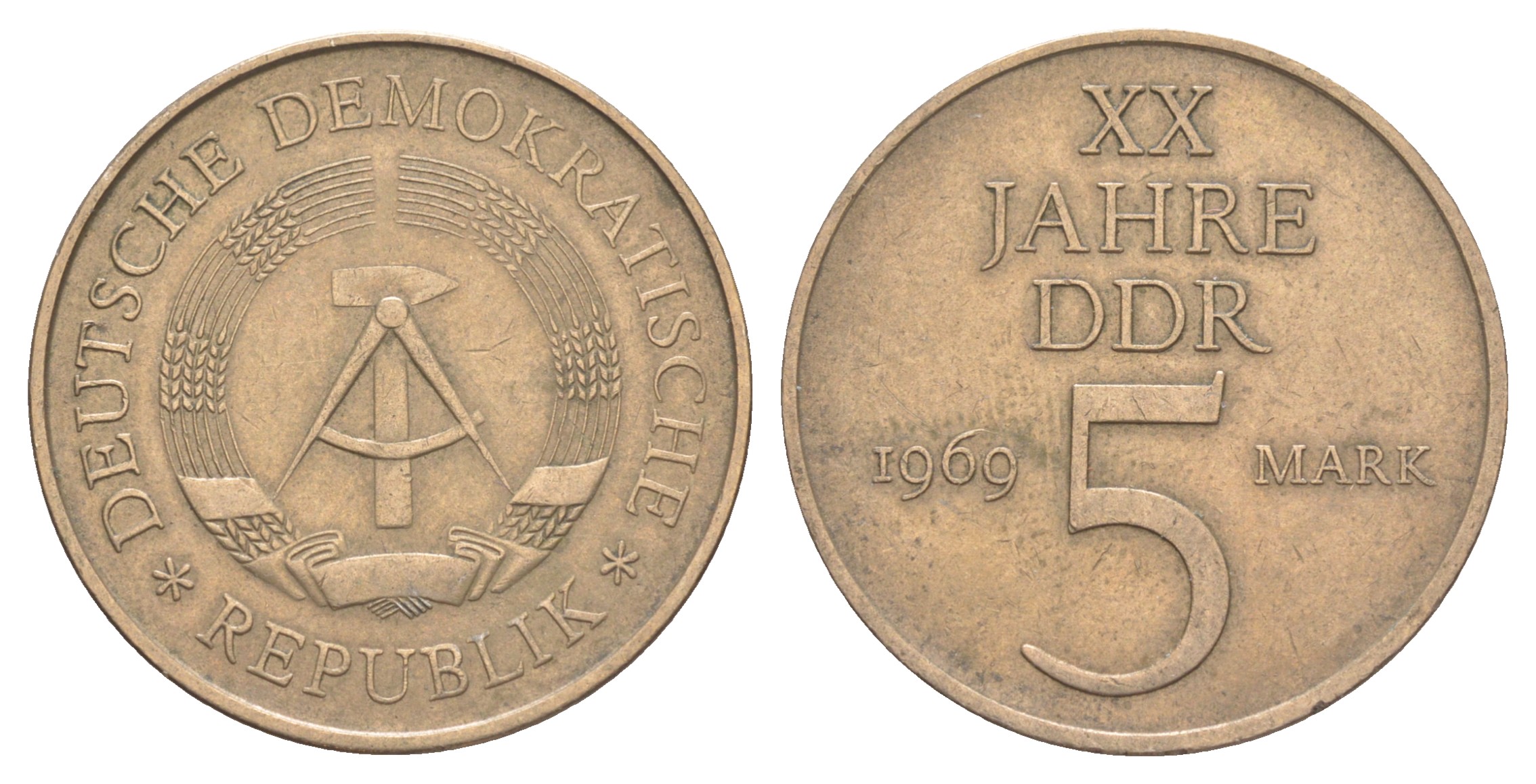 ГДР 5 марок 1969 А, 20 лет образования ГДР KM 22.1, J. 1524 никель бронза    4634-141