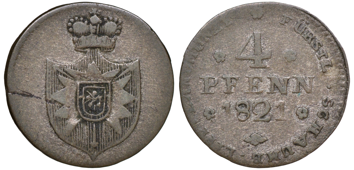 Шаумбург-Липпе 4 пфеннига 1821 Георг Вильгельм (1787-1860) KM 31, AKS 12, Jaeger 2 серебро    413-6614