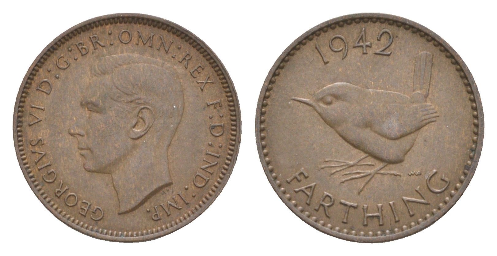 Великобритания 1 фартинг 1942 Георг VI (1936-1952) KM 843, Spink 4116 бронза 3457-1126