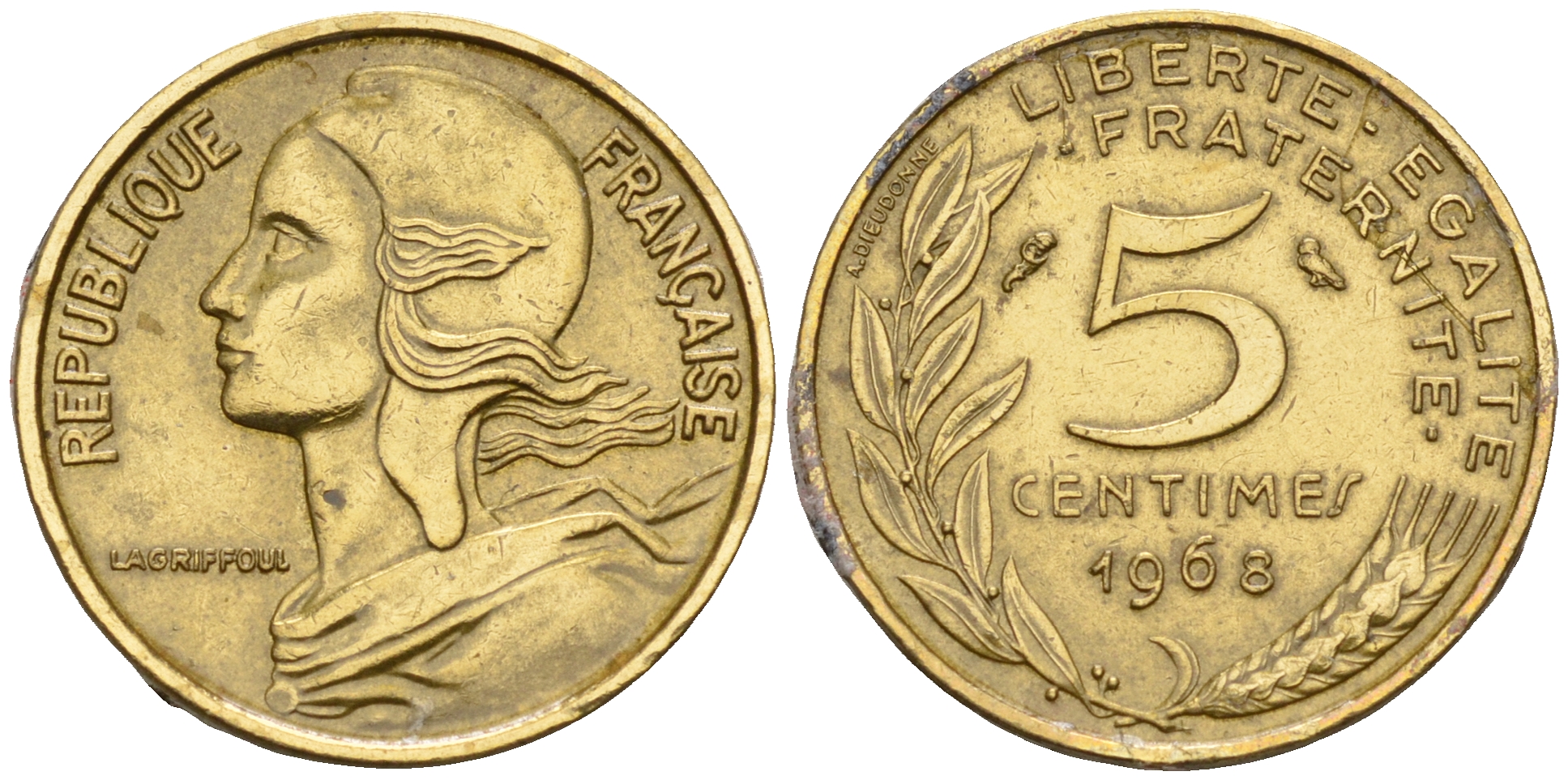 Франция 5 сантимов 1968 тип Марианна KM 933 медь алюминий никель    4152-1219