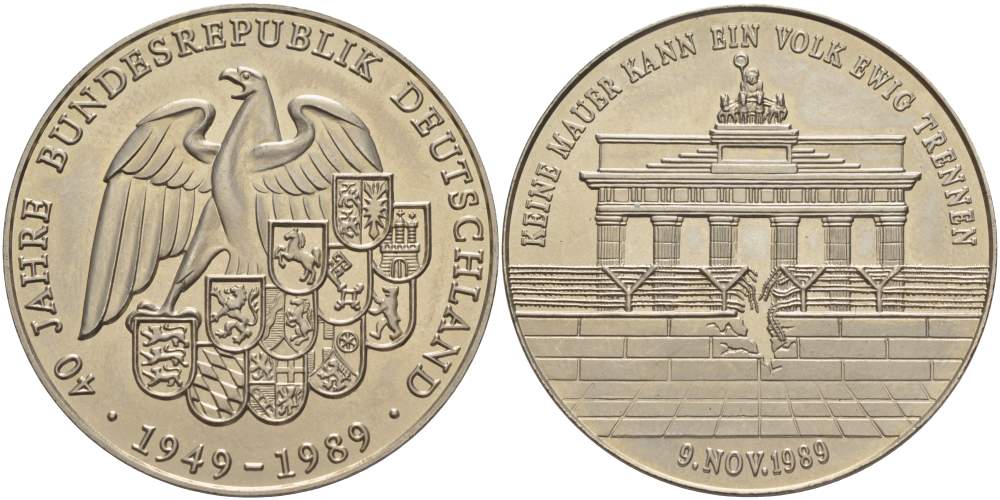 ФРГ МЕДАЛЬ 1989 СЕРИЯ 40 ЛЕТ ФРГ (1949-1989), 9 НОЯБРЯ 1989 ПАДЕНИЕ БЕРЛИНСКОЙ СТЕНЫ, НАРОДНОЕ ЕДИНСТВО, ДИАМЕТР 40 ММ. медно-никель UNC 4527-612