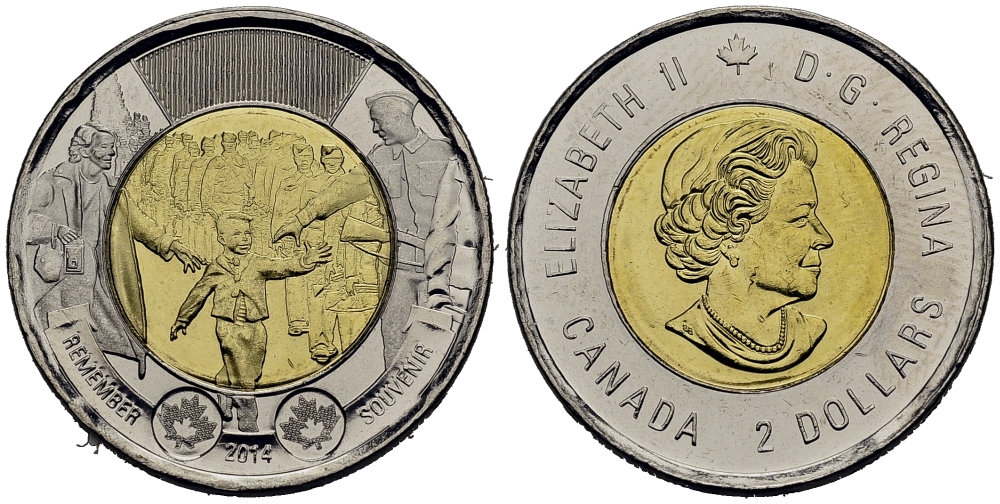 Канада 2 доллара 2014 75 лет с начала второй мировой войны KM 1711 биметалл UNC M4-07