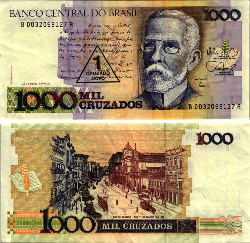 БРАЗИЛИЯ 1 КРУЗАДО НОВЫЙ 1989 НАДПЕЧАТКА НА 1000 КРУЗАДОСЕРИЯ В 0032, НАДПЕЧАТКА НА 1000 КРУЗАДО, МАЧАДО ДЕ АССИС Pick 216b бумага 6281-2-3-2