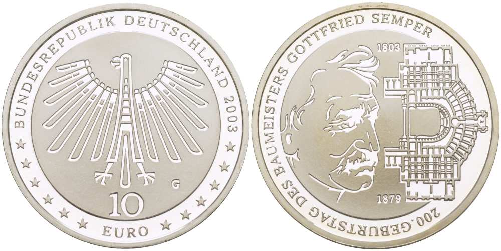 ФРГ 10 евро 2003 G, 200 лет Готфриду Земперу KM 227, DE.S. 10.11 серебро PROOF 1085-5-35