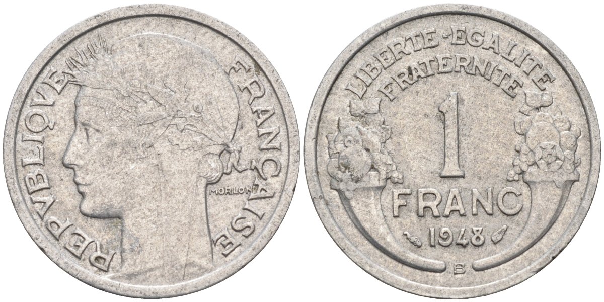 Франция 1 франк 1948 В, тип Lourde KM 885а.2, Le Franc 221.14 алюминий 4126-857