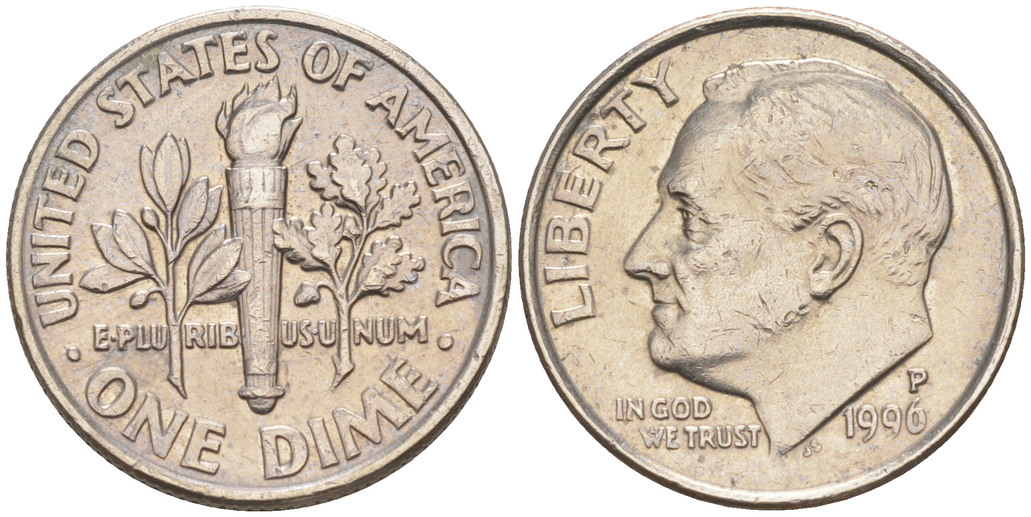 США 10 ЦЕНТОВ = 1 ДАЙМ 1996 P, РУЗВЕЛЬТ KM 195a медь плакированная медно-никелем 188-719