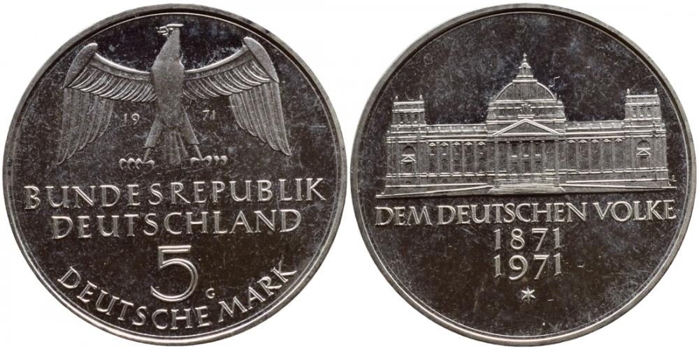 ФРГ 5 марок 1971 G, 100 лет основания Германской Империи KM 128.1, J. 409 серебро PROOF 1520-1315