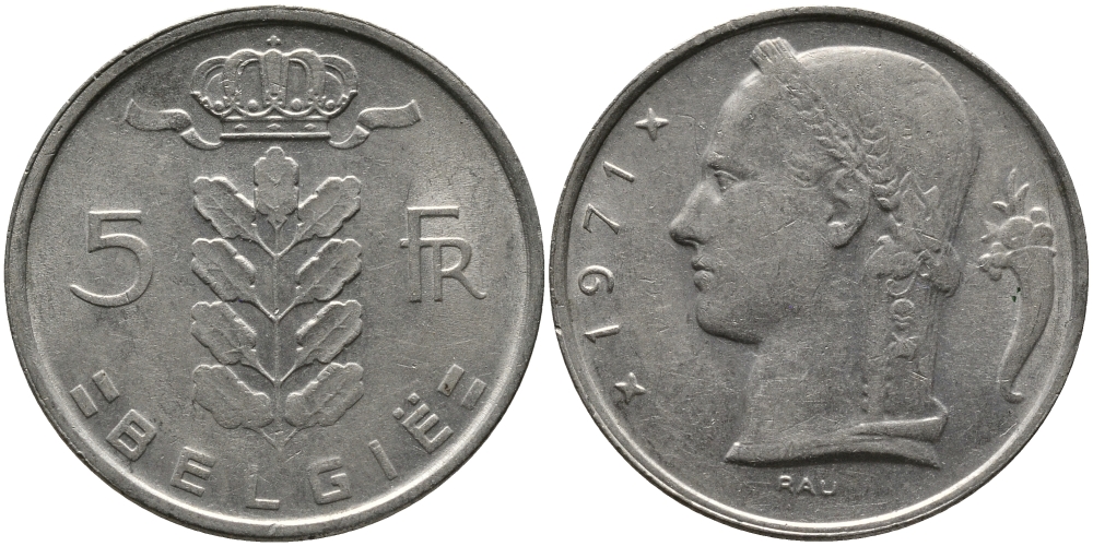 БЕЛЬГИЯ 5 ФРАНКОВ 1971 BELGIE KM 135.1 медно-никель 98-553
