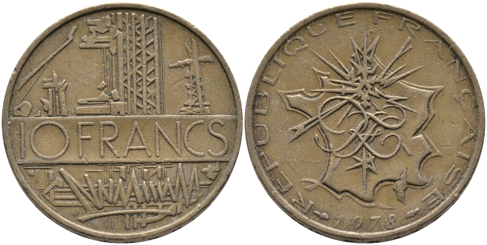 Франция 10 франков 1979 тип Матье KM 940, Le Franc 365.13-14 никель латунь 97-824
