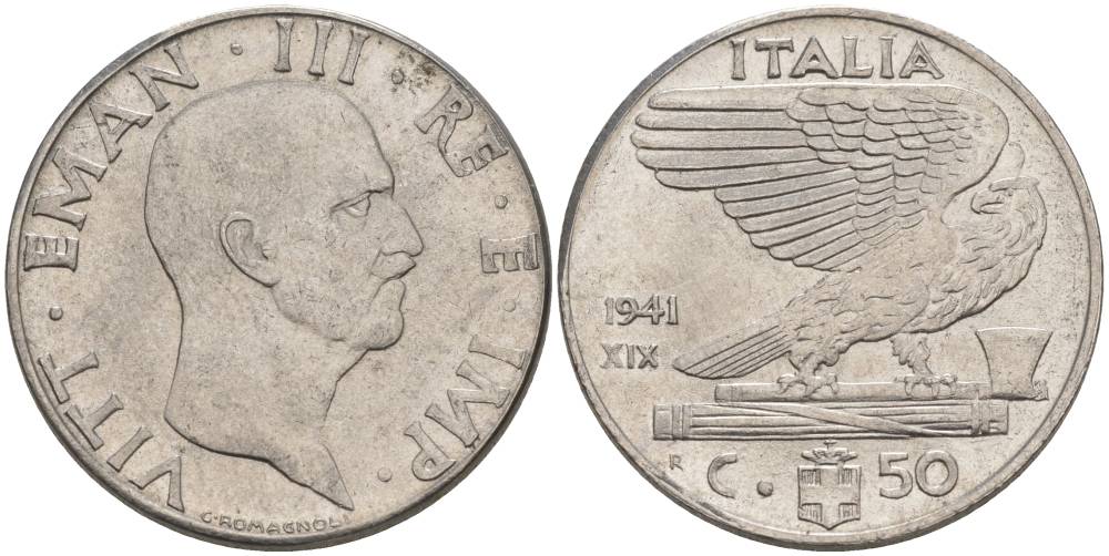 ИТАЛИЯ 50 ЧЕНТЕЗИМО 1941 R, ГОД XIX, ВИКТОР ЭММАНУИЛ III (1900-1946) KM 76b, VEM3. 1063 нержавеющая сталь 3853-326