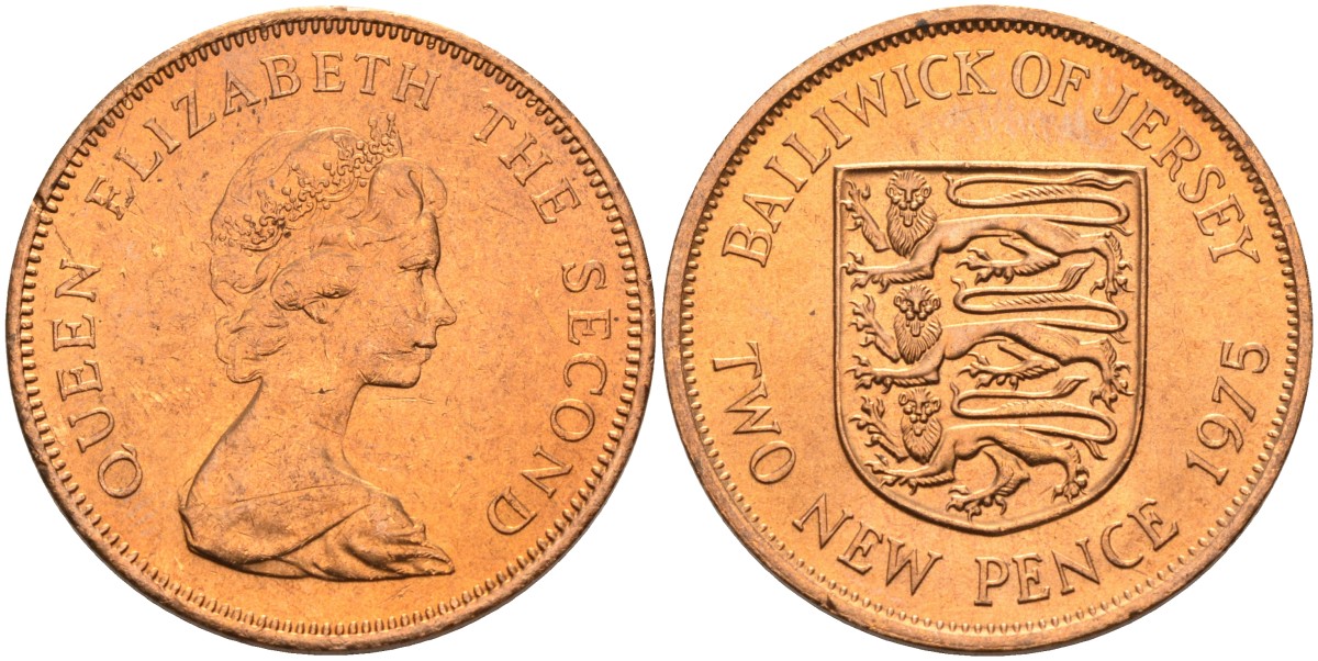 Джерси 2 пенса 1975 герб, Елизавета II (1952-2022) KM 31 бронза UNC 4367-423