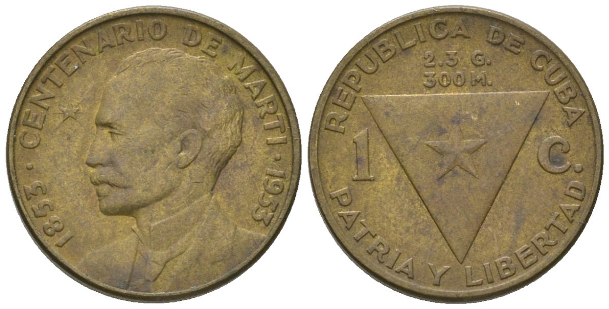 Куба 1 сентаво 1953 100 лет со дня рождения Хосе Марти KM 26, JMA 7, Y 20, Schoen 24 латунь 4611-1213
