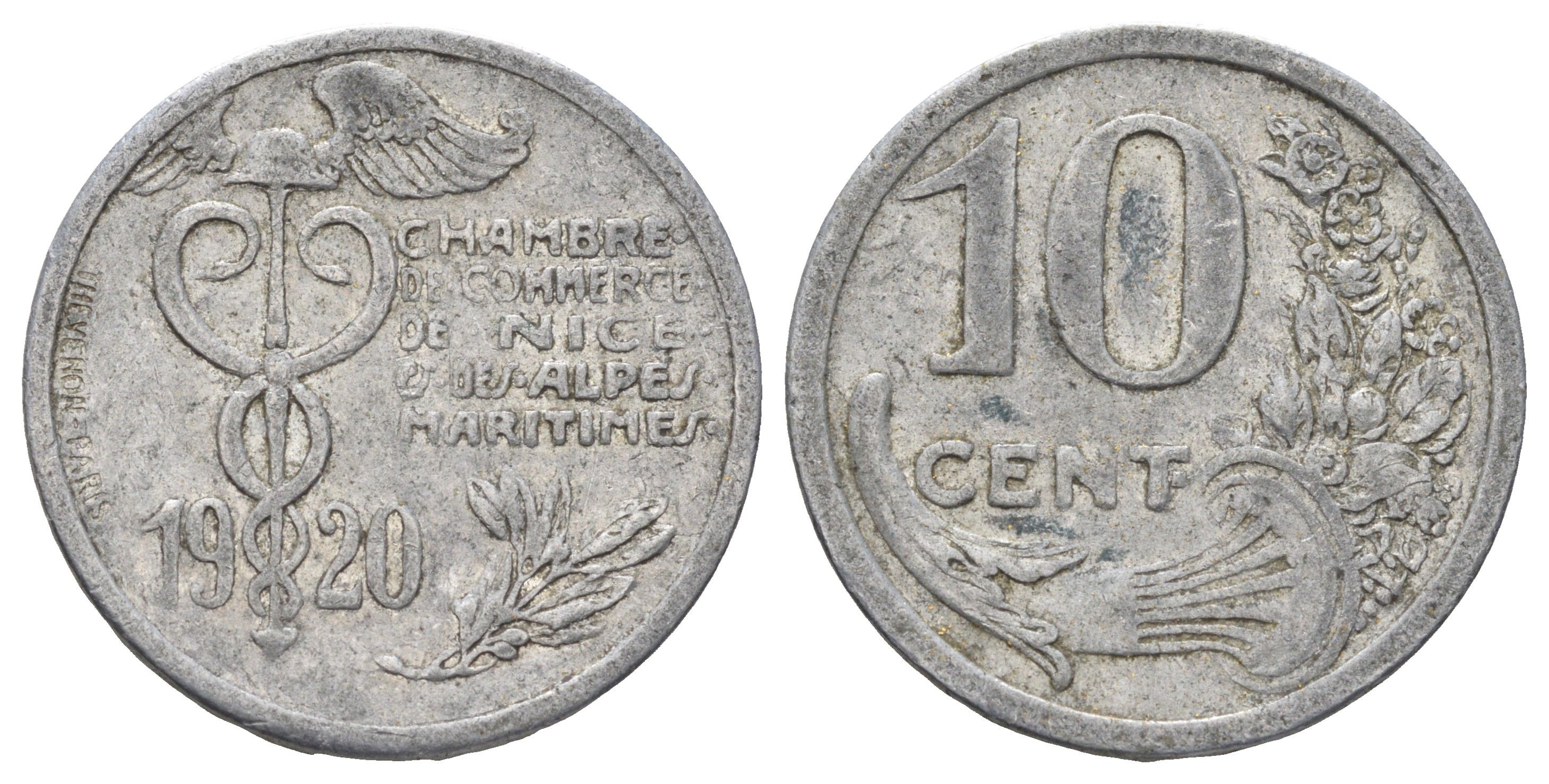 Франция, Ницца 10 сантимов 1920 диаметр 25 мм, вес 1,5 гр Elie mon 10.2 алюминий 4126-1014