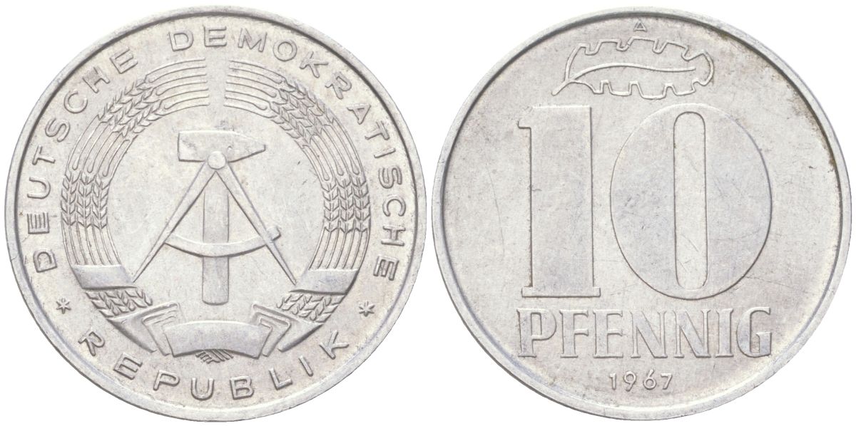 ГДР 10 пфеннигов 1967 A KM 10 алюминий 4613-953
