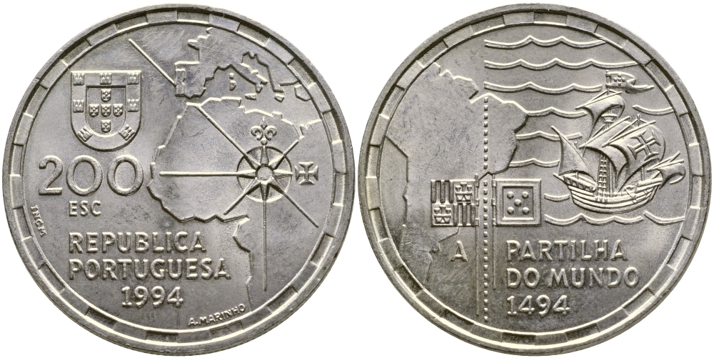 Португалия 200 эскудо 1994 500 лет с момента заключения Тордесильясского договора KM 671 медно-никель  UNC   79-915