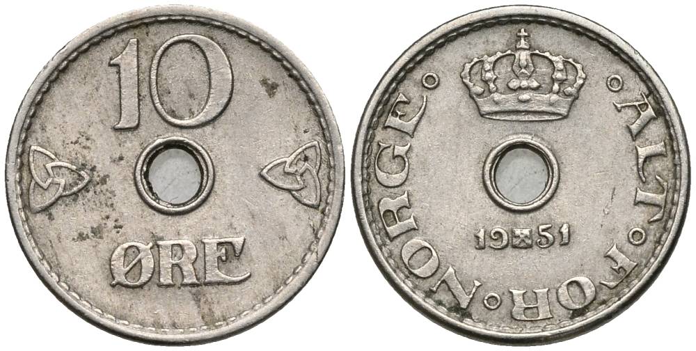 Норвегия 10 эре 1951 Хокон VII (1905-1957) KM 383 медно-никель 4549-963