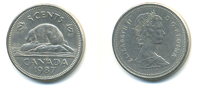 Канада 5 центов 1987 Елизавета II (1952-2022), бобер KM 60.2 a медно-никель 177-1241