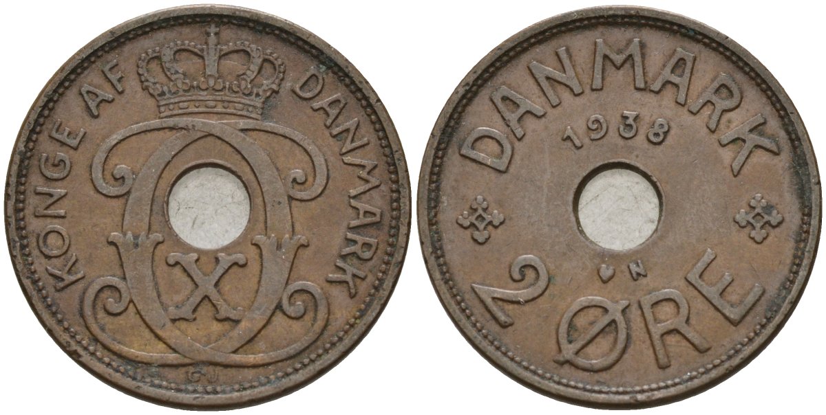 Дания 2 эре 1938 Кристиан X (1912-1947) KM 827 бронза 4147-534