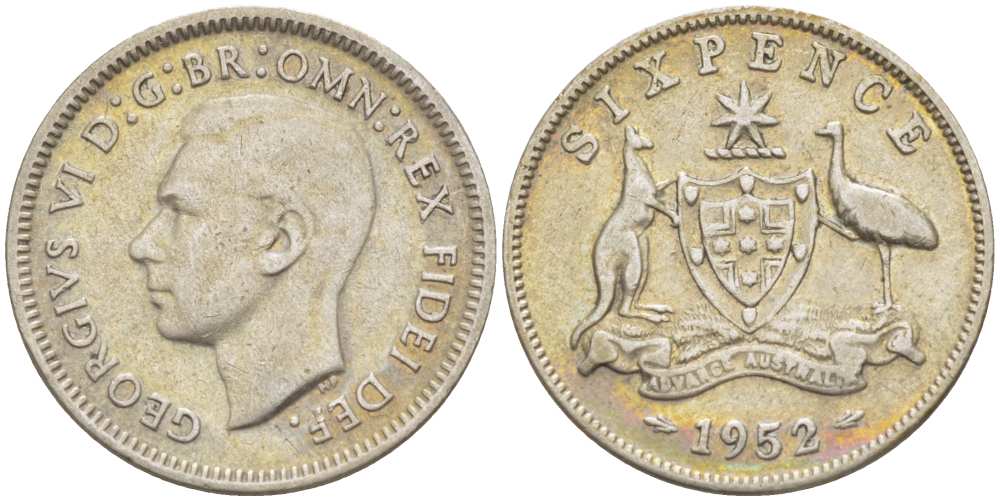 АВСТРАЛИЯ 6 ПЕНСОВ 1952 m, ГЕОРГ VI (1937-1952), ГЕРБ АВСТРАЛИИ, ПРОБА 500, ДИАМЕТР 19,4 ММ. KM 45 серебро 4516-125