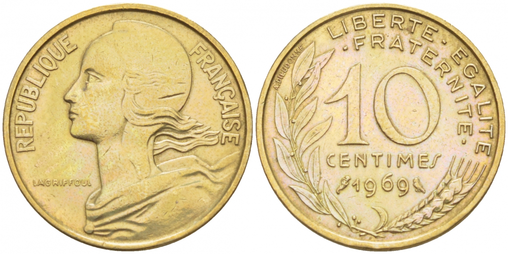 ФРАНЦИЯ 10 САНТИМОВ 1969 ТИП MARIANNE KM 929 медь алюминий никель 112-559