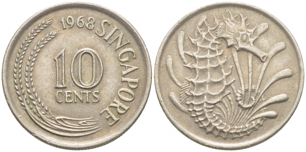 Сингапур 10 центов 1968 морской конек KM 3 медно-никель 105-1256