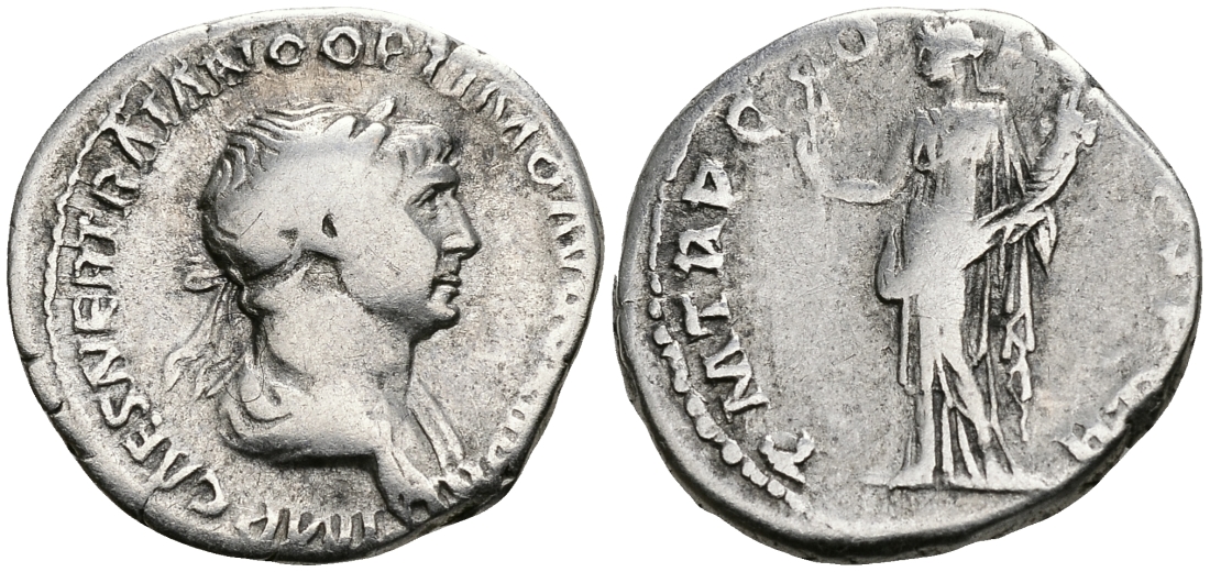 Римская Империя денарий 114 - 117 Траян PM TR P COS VI PP SPQR Фелицитата, персонификация Счастья Рим Very fine RIC 343 серебро 1073-4-3-3