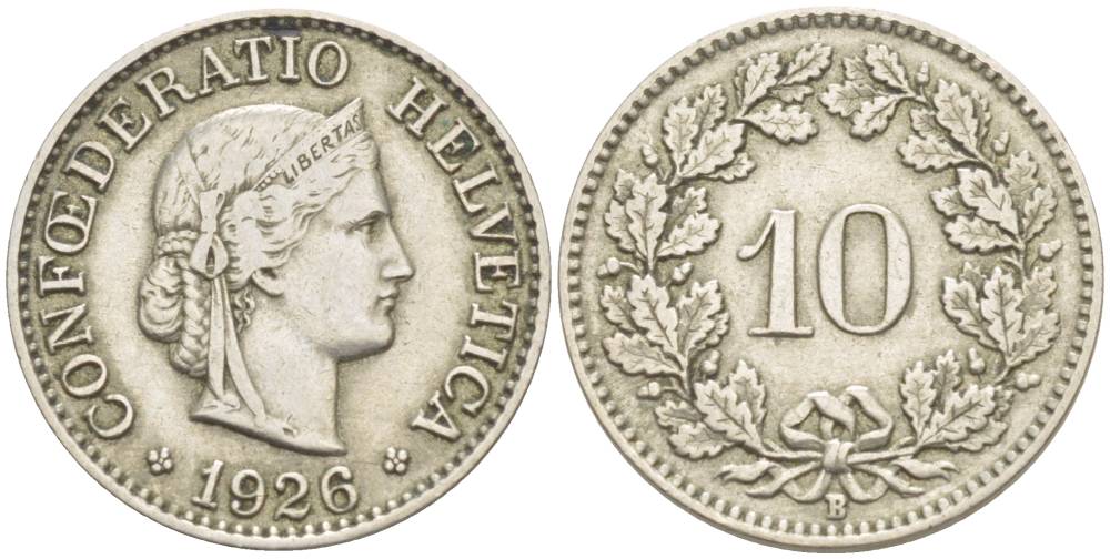 ШВЕЙЦАРИЯ 10 РАППЕНОВ 1926 В KM 27 медно-никель 216-944