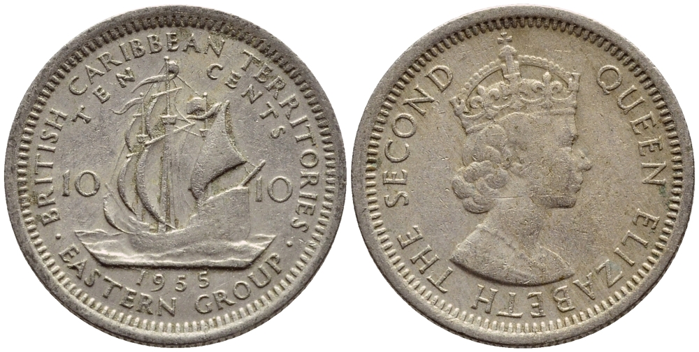 Британские Восточно-Карибские территории 10 центов 1955 Елизавета II (1952-2022), парусник KM 5 медно-никель 4387-145
