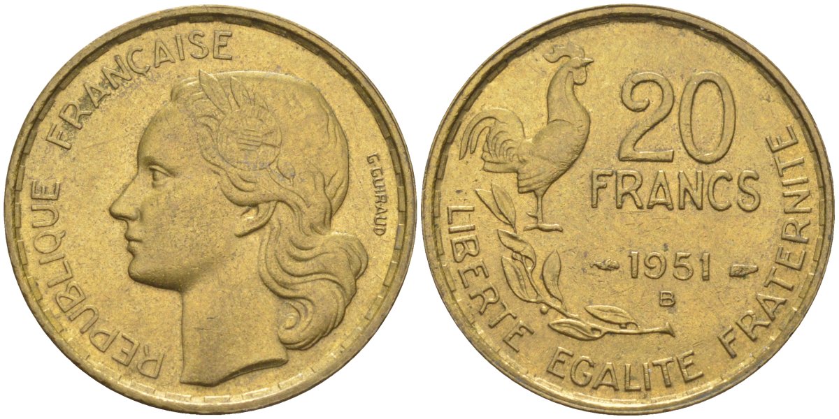 Франция 20 франков 1951 В, петух, 4 ПЕРА KM 917.2, Le Frank 402.8 алюминиевая бронза 4519-637