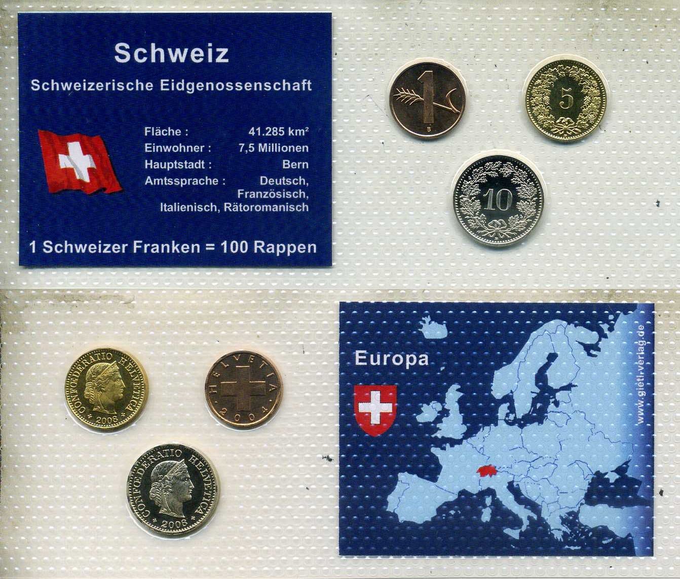 Швейцария набор из 3 монет (1, 5 и 10 раппенов) 2004 и 2008 в красочном блистер, в запайке KM 46, 26c и 27 UNC 4-3-2-53