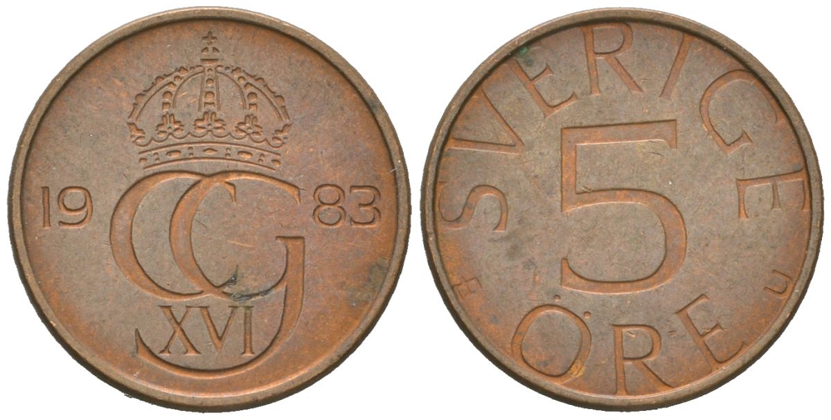 Швеция 5 эре 1983 Карл XVI Густав (1973-) KM 849 бронза 4618-116